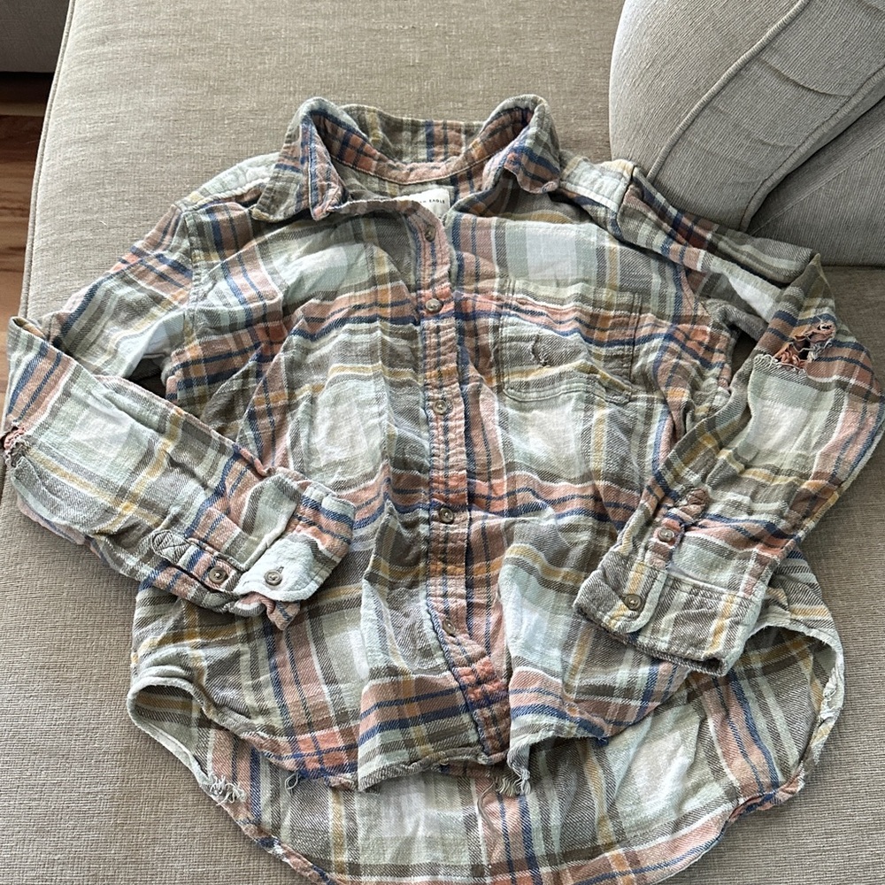American Eagle Outfitters Plaid Shirt in Peach, Sage, Blue, and Cream
